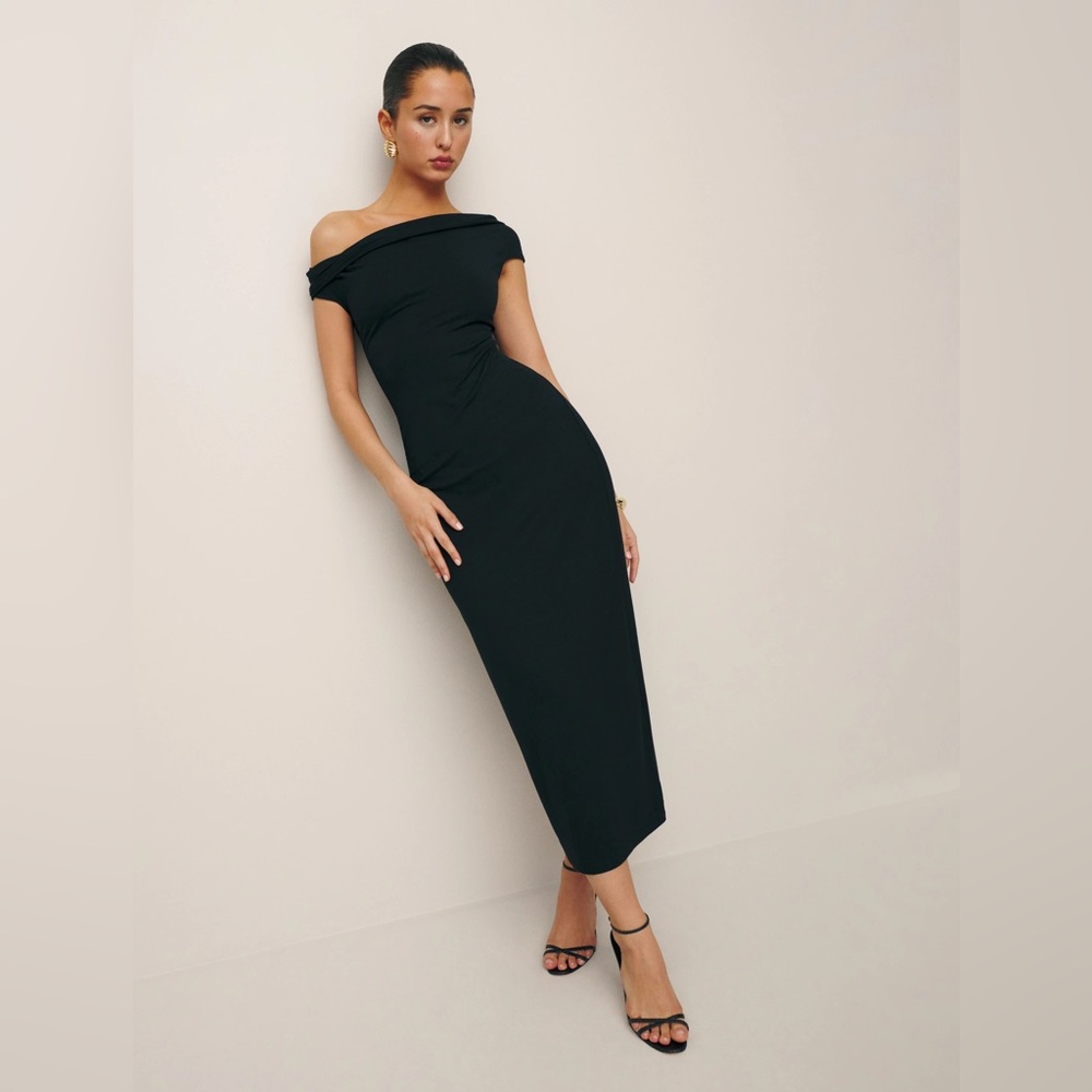 Reformation Jamen knit dress small nwt black midi off shoulder